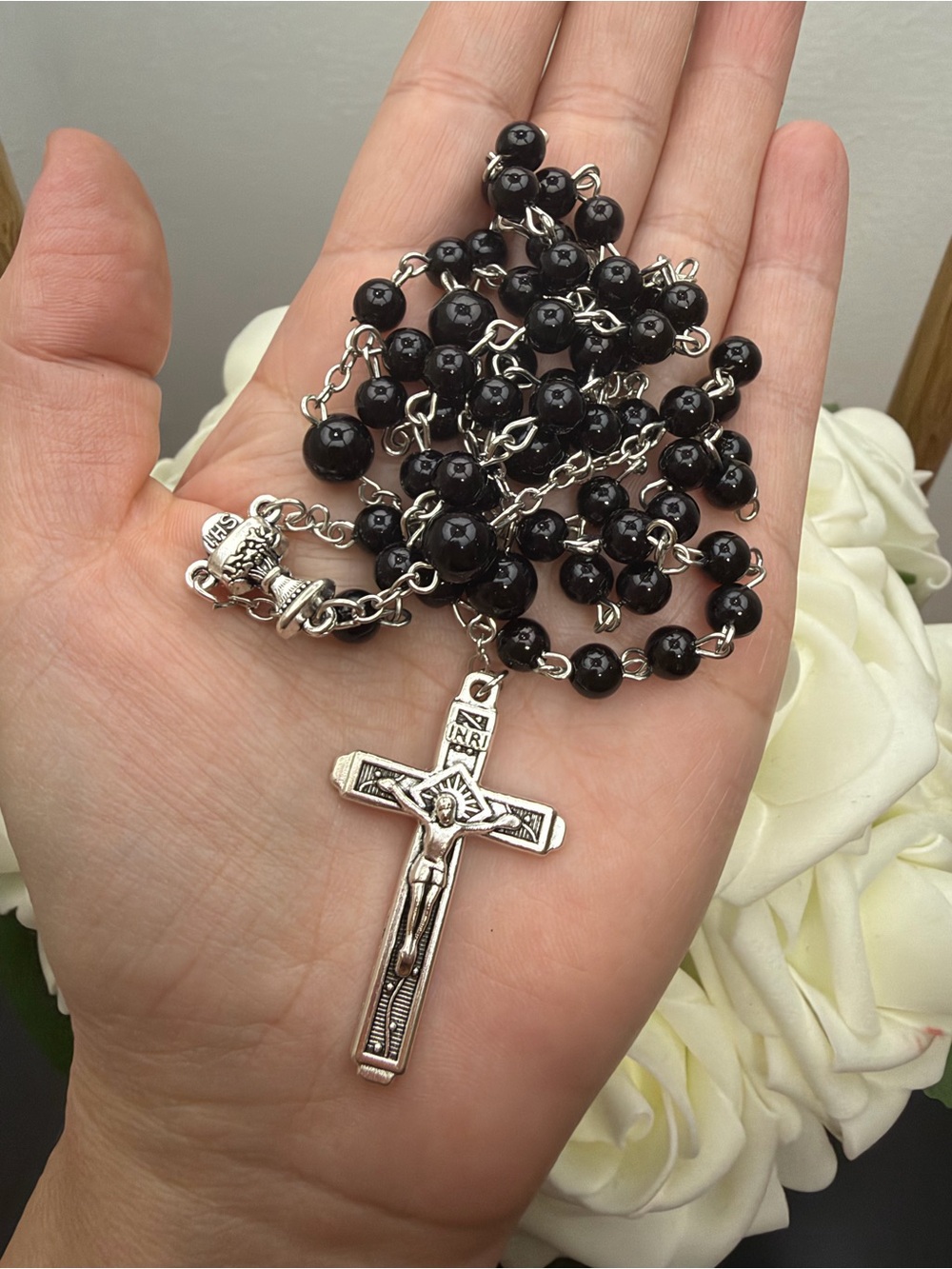 Silver tone Crucifix Rosary Necklace with Black Beads